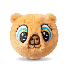 Brown capybara plush face with large blue-and-yellow eyes
