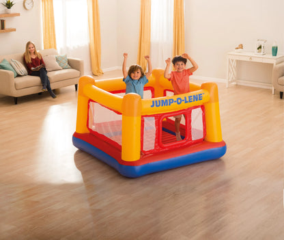 Inflatable Jump-o-lene™ jump playhouse, yellow and red front with blue base and window panels