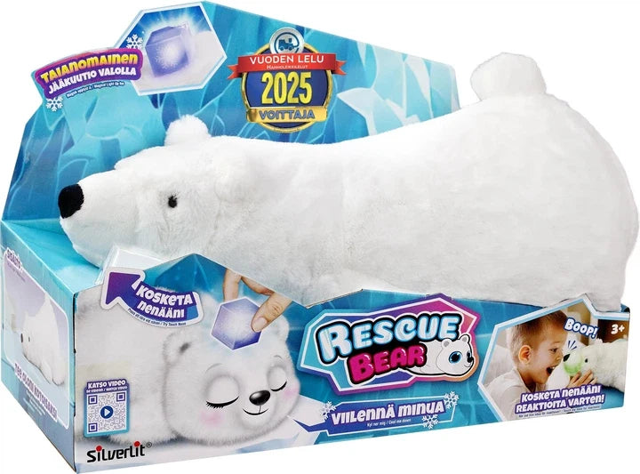 White plush rescue bear with black eyes and nose, blue belly and ear accents