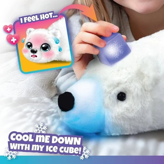 White plush bear with black eyes and paws, holding a glowing blue ice cube
