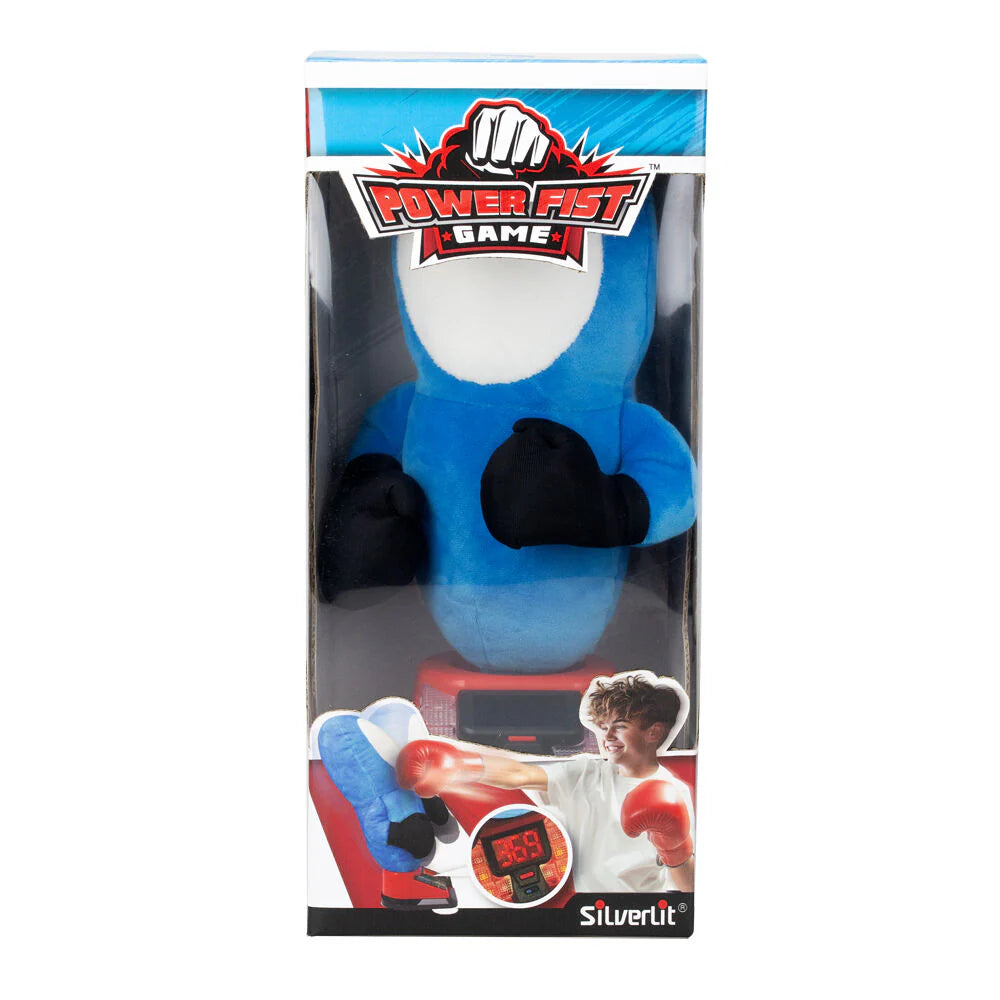 Power Fist Game Verpackung: blauer Plüschboxer mit schwarzen Fäusten und rotem Spielgerät