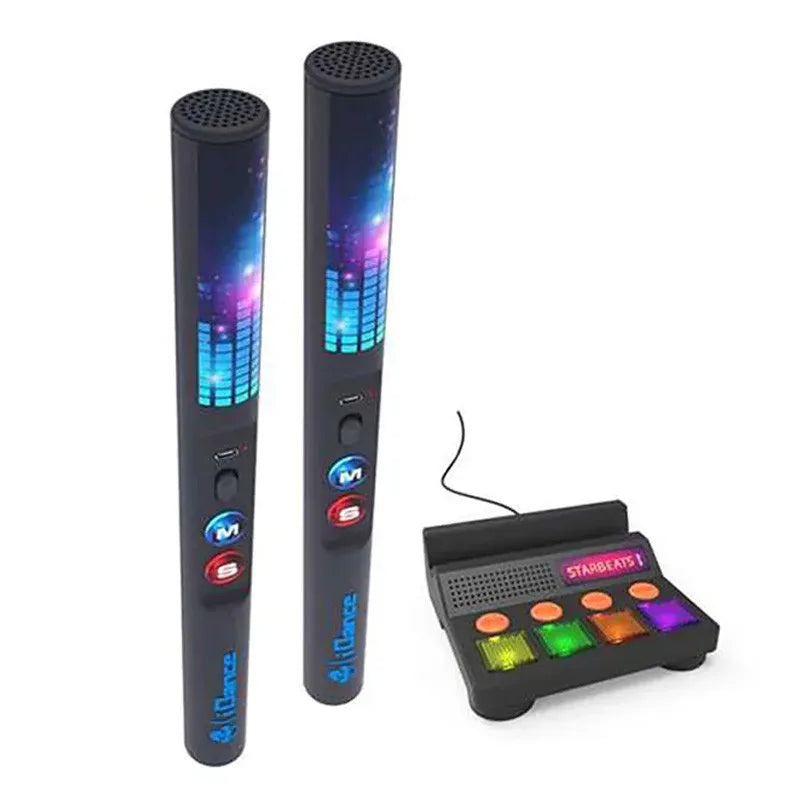 Air drums toy with two blue-lit sound tubes and multi-color drum pad controller