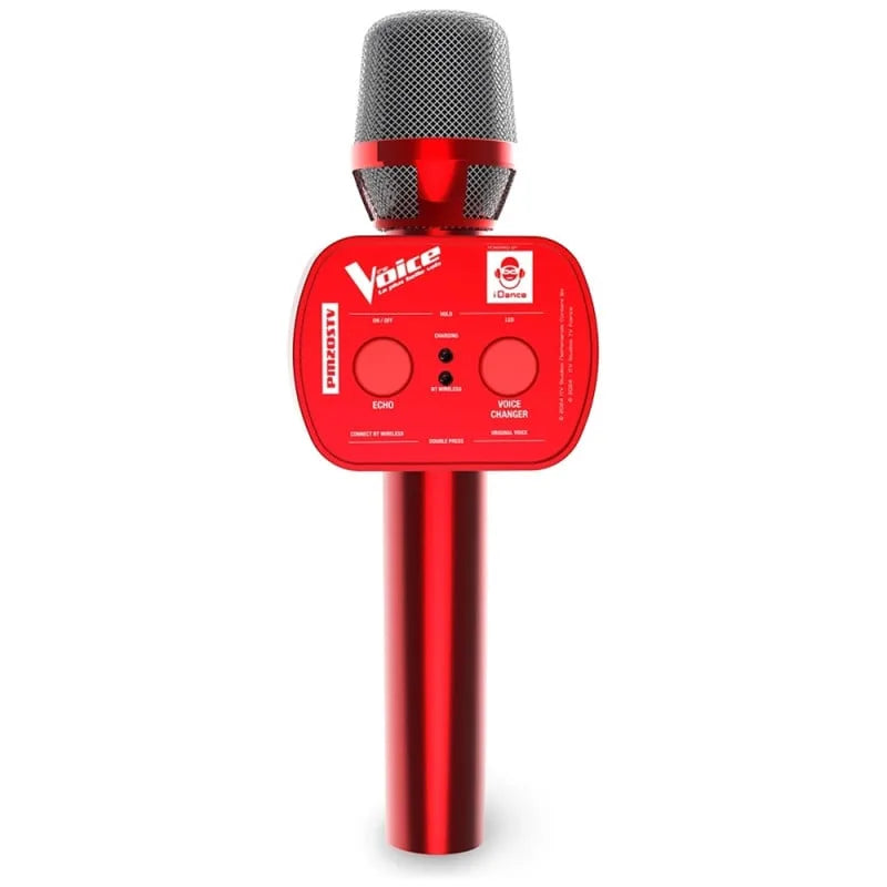 Red karaoke wireless microphone with black mesh head and control buttons