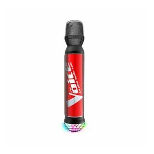 Karaoke microphone toy with mesh grille, red handle, and glowing multicolor base ring
