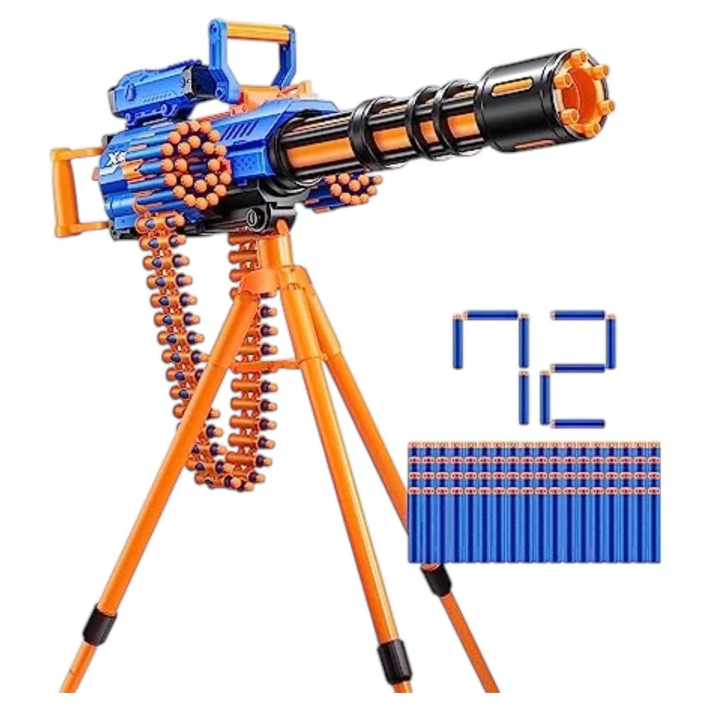 Blue and orange motorized blaster with orange-tipped barrel, foam bullet chain, on tripod stand