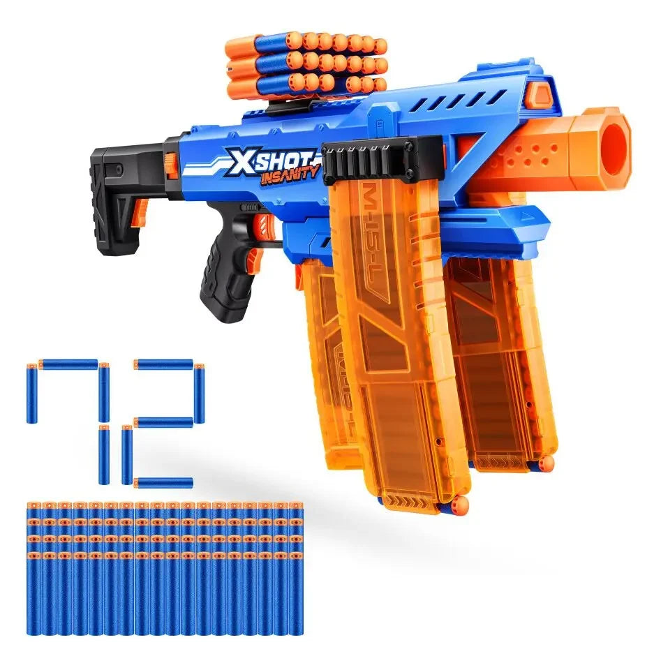 Motorized dart blaster with orange and blue body, XSHOT INSANITY label, drum ammo