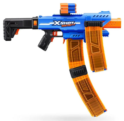 Motorized dart blaster with orange magazine, blue body, XSHOT INSANITY label, side view