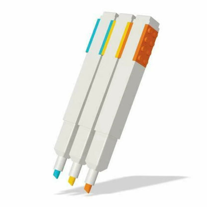 Three chisel-tip highlighters with light blue, yellow, and orange ink