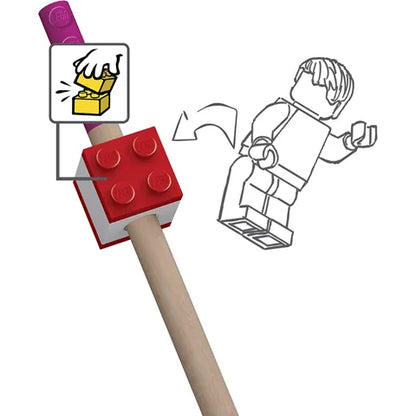 Colored pencil with red building-brick topper and purple cap piece