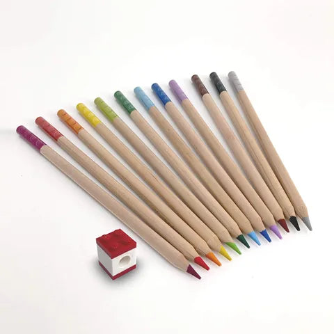 Set of 12 colored pencils with building-brick topper, assorted tip colors