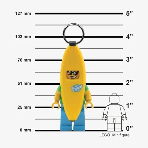 Banana character keychain light with key ring, yellow body, blue legs, size diagram