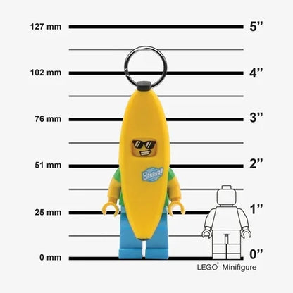 Banana character keychain light with key ring, yellow body, blue legs, size diagram