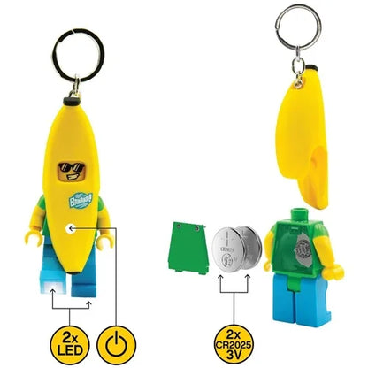 Banana character keychain light with ring, yellow torso, blue legs, 2x LED