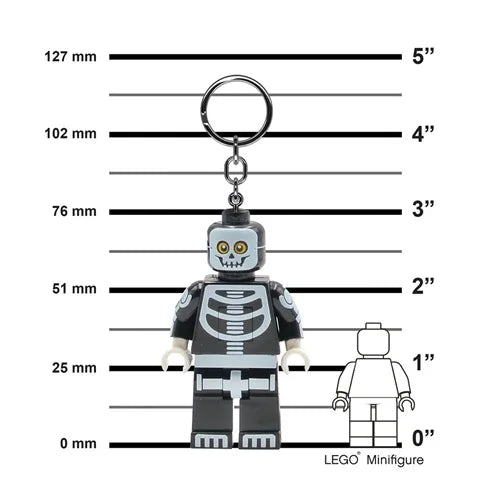 Skeleton keychain light with hanging minifigure, height shown on size chart