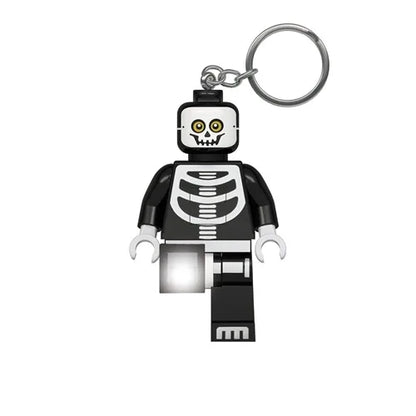 Skeleton keychain light with metal ring and minifigure body, front view