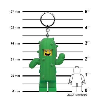 Green cactus keychain light figure with open arms and metal keyring, size chart