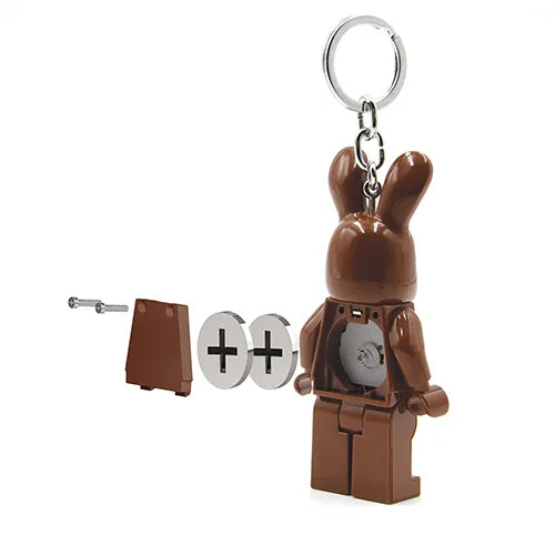 Chocolate bunny keychain light with metal ring and rabbit minifigure holding headlamp