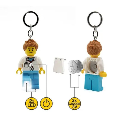 Doctor minifigure keychain with keyring, white coat, blue legs, 2x LED