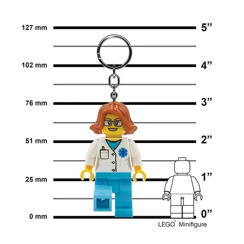 Doctor minifigure keychain with stethoscope, white coat, blue legs, circular metal ring
