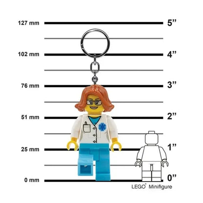 Doctor minifigure keychain with stethoscope, white coat, blue legs, circular metal ring