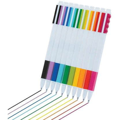 LEGO marker set with 10 rainbow color tips and caps on a white base strip