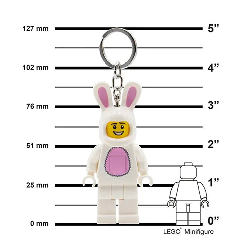 Bunny minifigure keychain with metal keyring, white suit, and face emblem