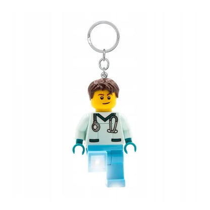 Light-up doctor minifigure keychain, stethoscope suit, metal keyring and glowing chest