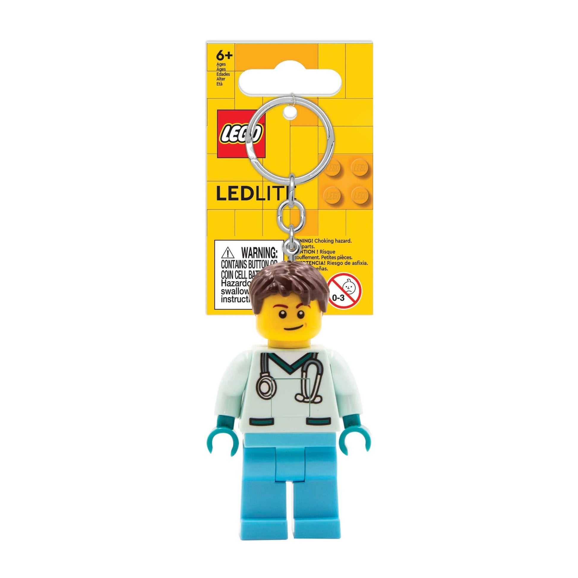 Light-up doctor minifigure keychain with stethoscope, blue outfit and metal keyring