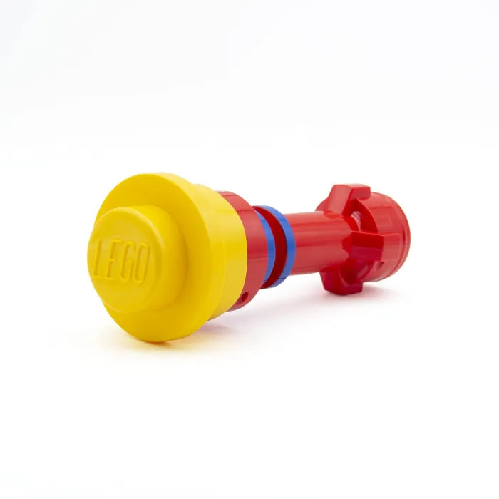 Torch flashlight with yellow handle head and red base, blue band near switch