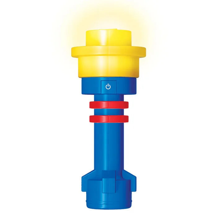 Torch flashlight with yellow head, blue body, red rings and power button