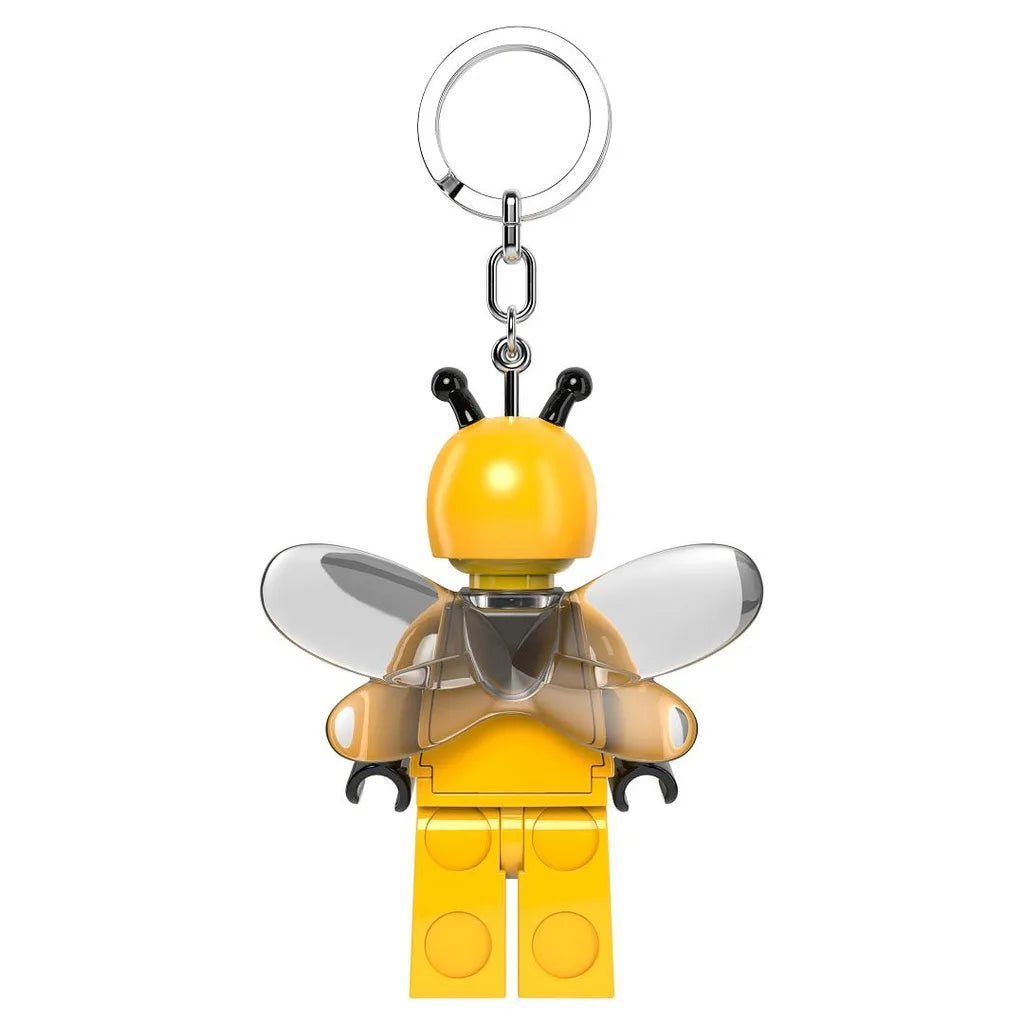 Bee character keychain light with metal key ring, yellow body, and gray wings