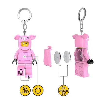 Pink pig mini figure light keychain, side views with built-in button light