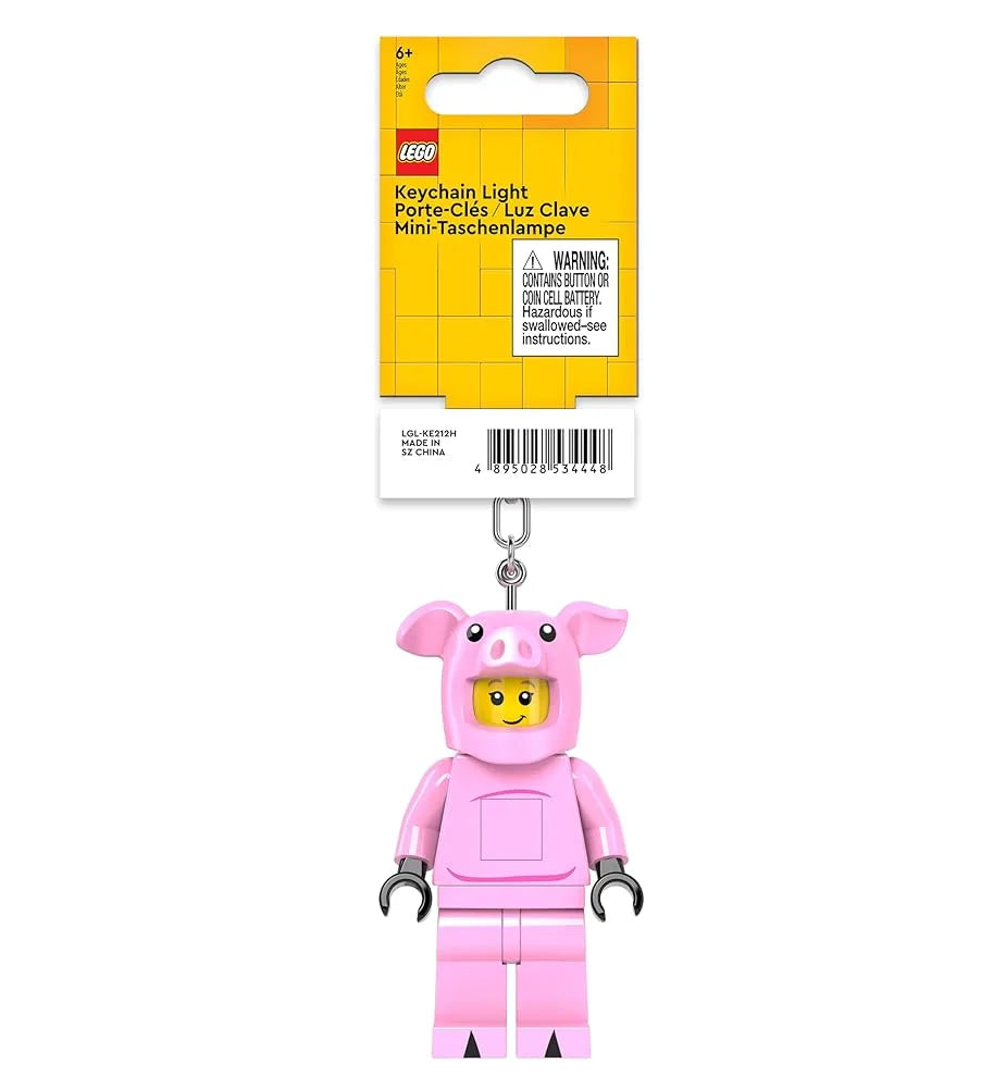 Pink pig mini figure light keychain with metal ring and clip, yellow face
