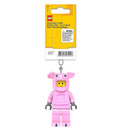 Pink pig mini figure light keychain with metal ring and clip, yellow face
