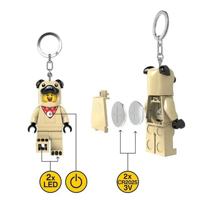 Pug design keychain light with beige figure and keyring plus LED and battery diagram