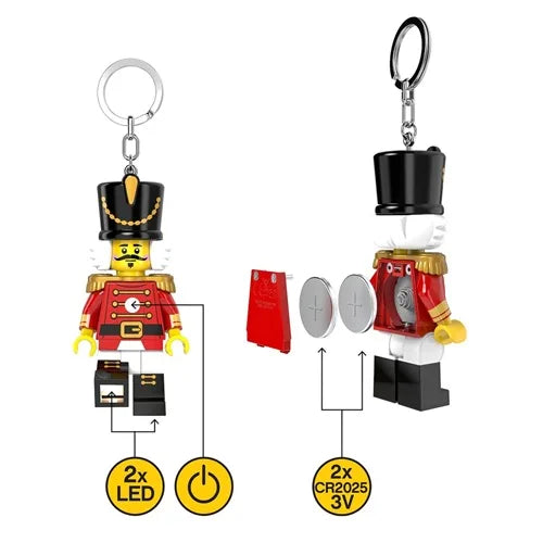 Nutcracker keychain light figure with silver key ring, black top hat, red coat and white hands