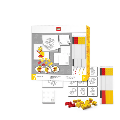 LEGO stationery creativity set with colorful note pads, sticky notes, and building bricks