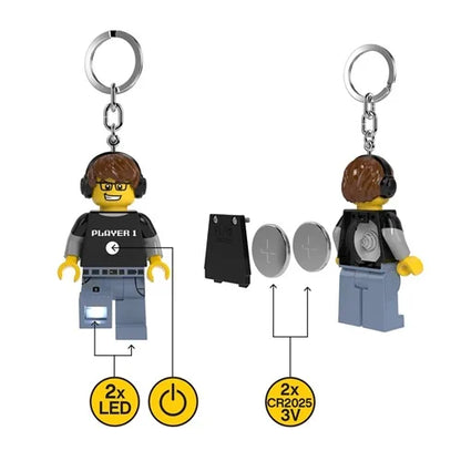 Video game keychain light with metal ring, minifigure in headphones, Player 1, LED