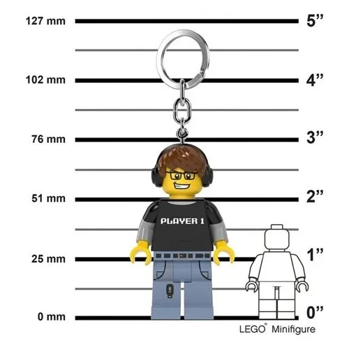 Keychain light minifigure with headphones and glasses on size chart, metal ring