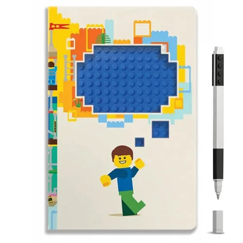 Brick-style graphic notebook with standing figure and blue emblem, black gel pen