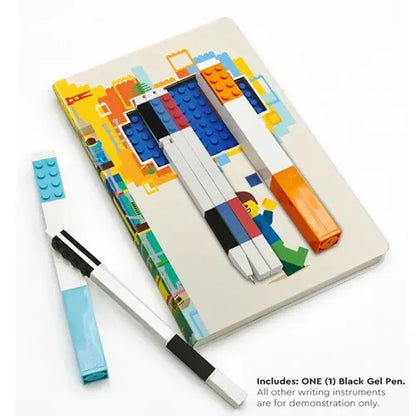 Colorful graphic notebook with black gel pen, plus pastel building-block detail