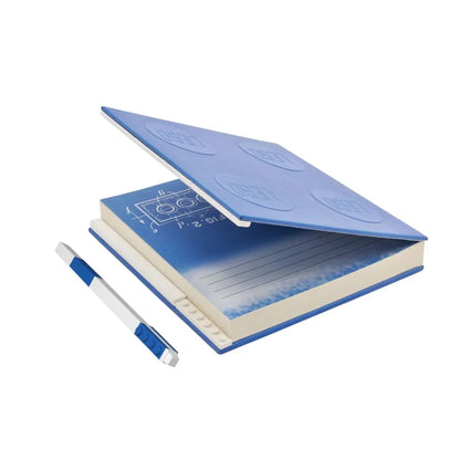 Blue locking notebook with lined pages and matching gel pen, open view