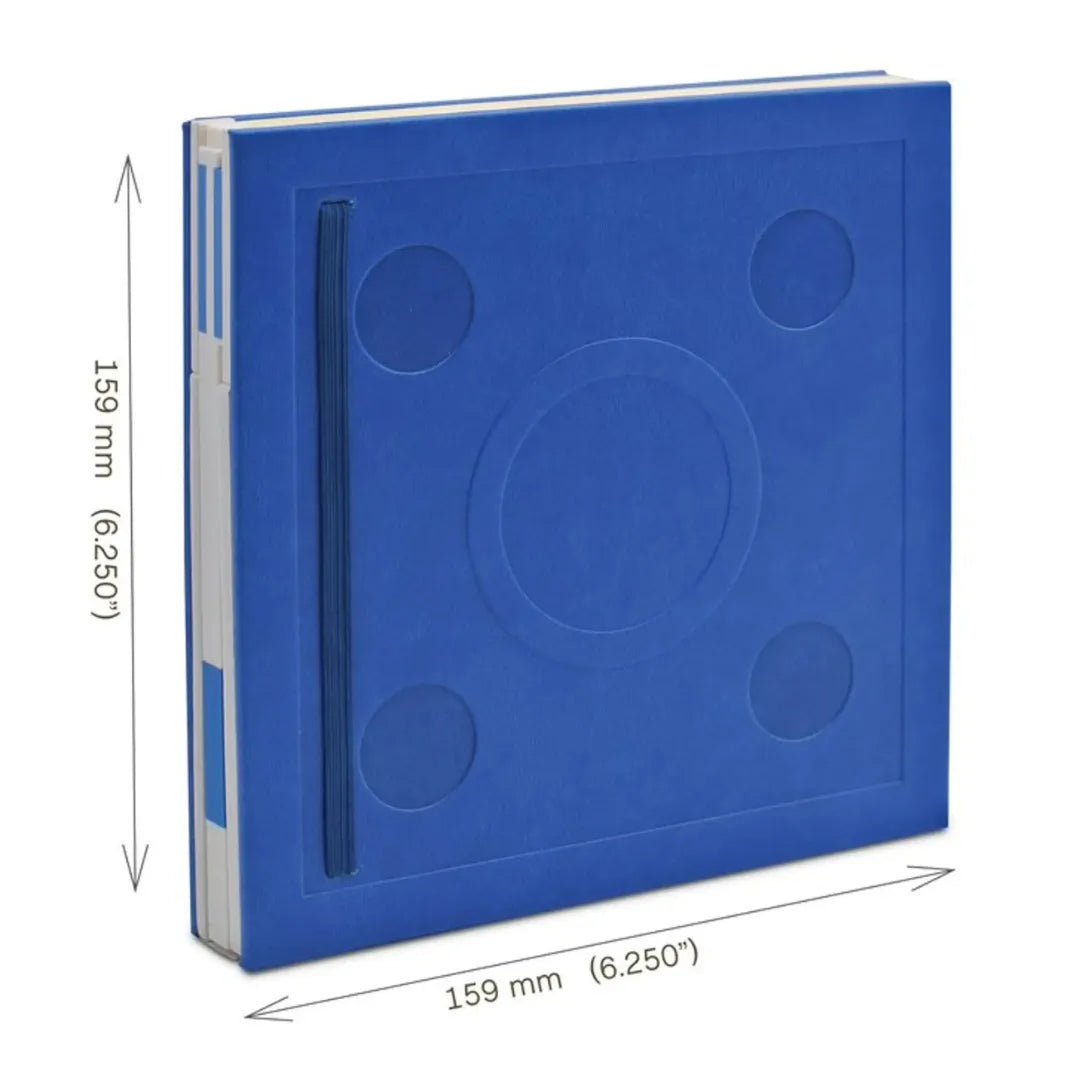 Blue locking notebook with pen in side slot and circular embossed panels