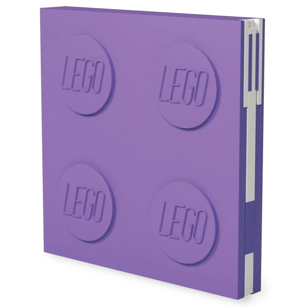Purple notebook with gel pen, embossed circle design on cover