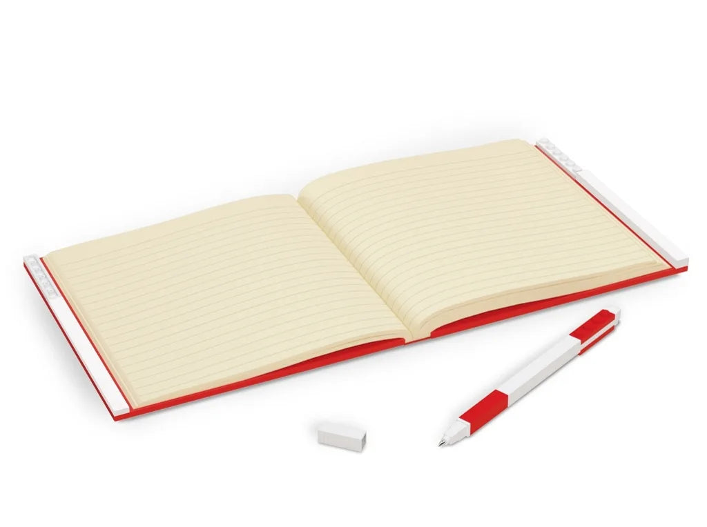 Open red-edged notebook with lined pages and red gel pen, square set