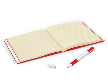 Open red-edged notebook with lined pages and red gel pen, square set