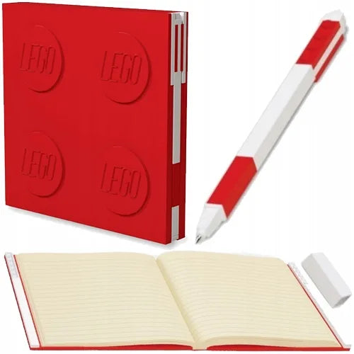 Red square notebook with embossed pattern and red gel pen with white body