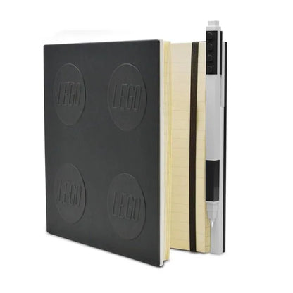 Black locking notebook with gel pen in side holder, beige pages visible when open