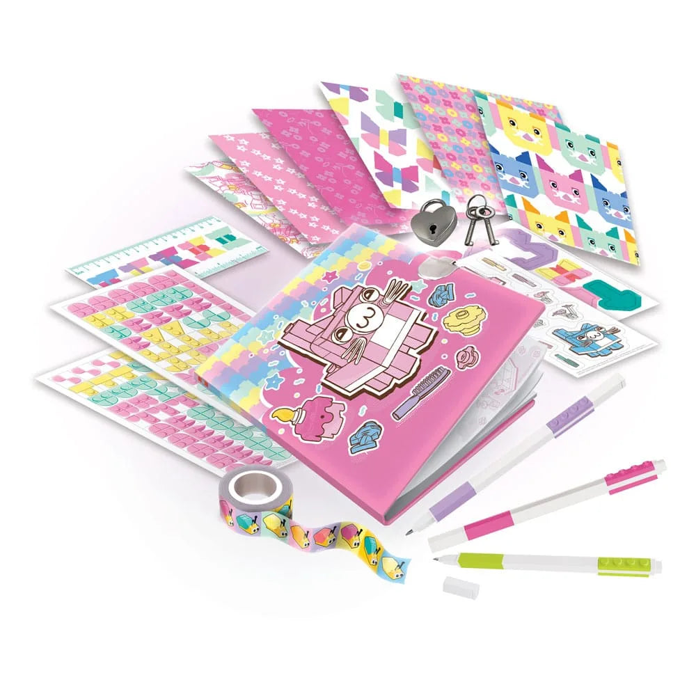 Secret diary set with pink notebook, colorful papers, stickers, washi tape and pens