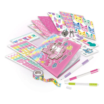 Secret diary set with pink notebook, colorful papers, stickers, washi tape and pens